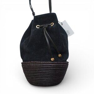 Cesta Collective Black Suede & Woven Sisal Bucket Bag NWT Italy Rwanda